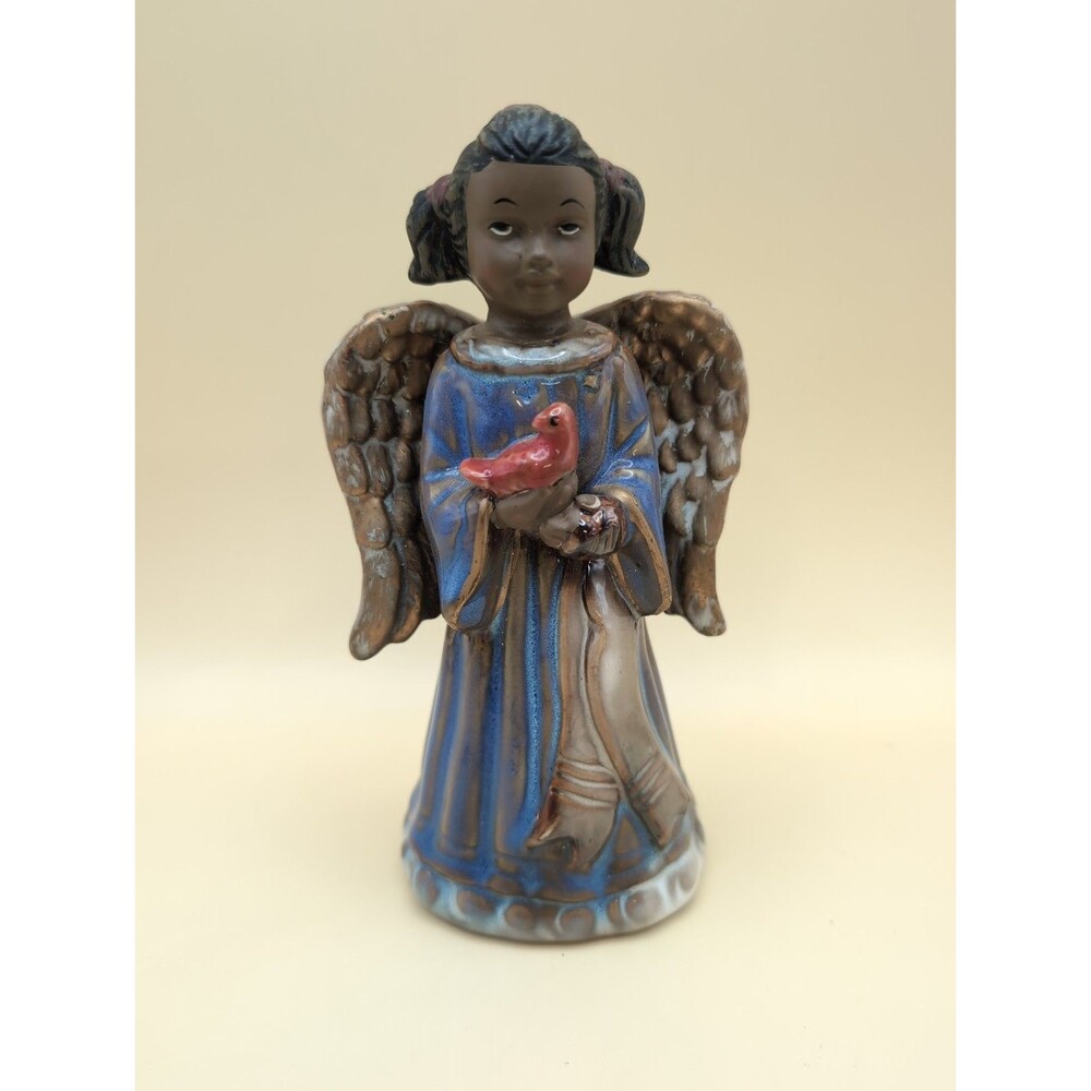Vintage African American Angel Ceramic Bell Figurine Blue Dress Cardinal In Hand
